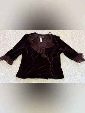 Alex Evenings Velvet Ruffle Burgundy Blouse Size XL Women’s Dressy Top Jacket